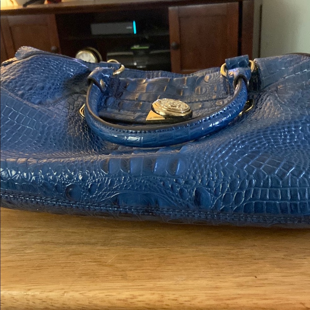 Anne Klein Blue Croc-Embossed Satchel with Gold Hardware